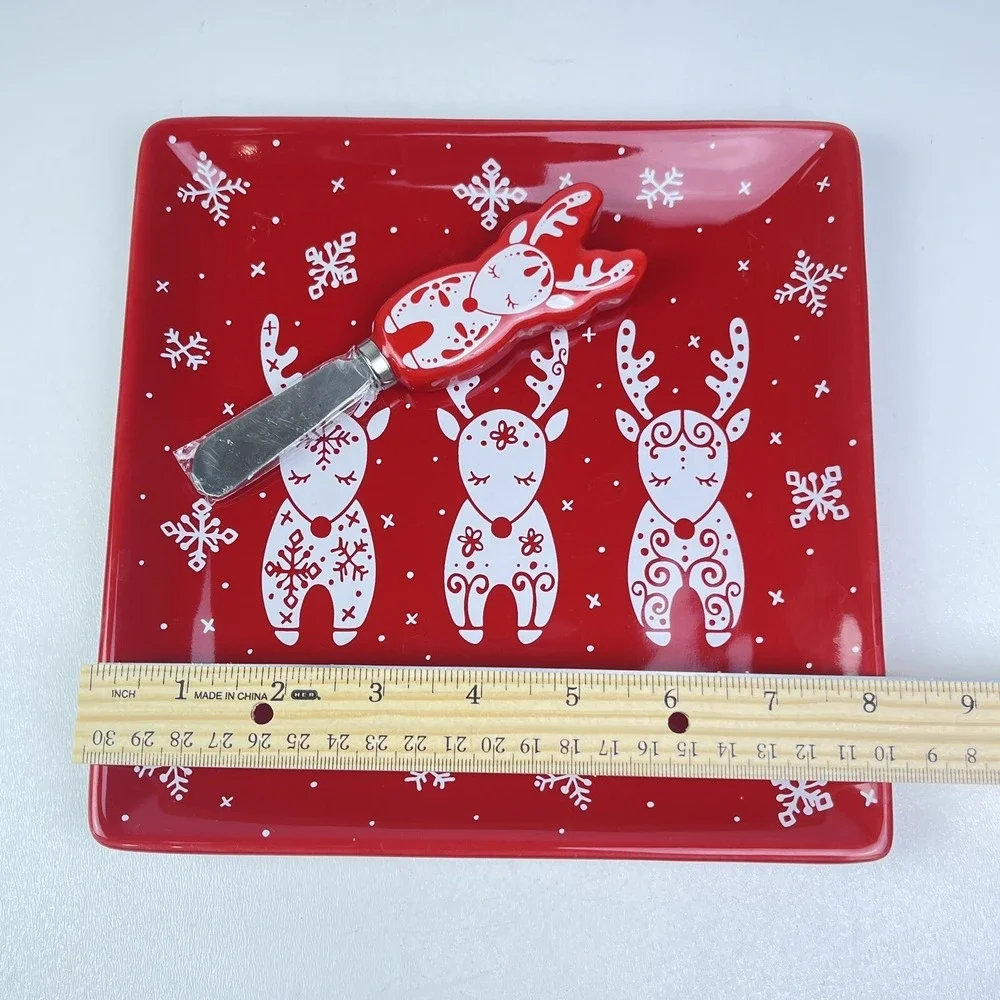 TempTations By Tara Serving Holiday Square Charcuterie Plate Cheese Knife Set
